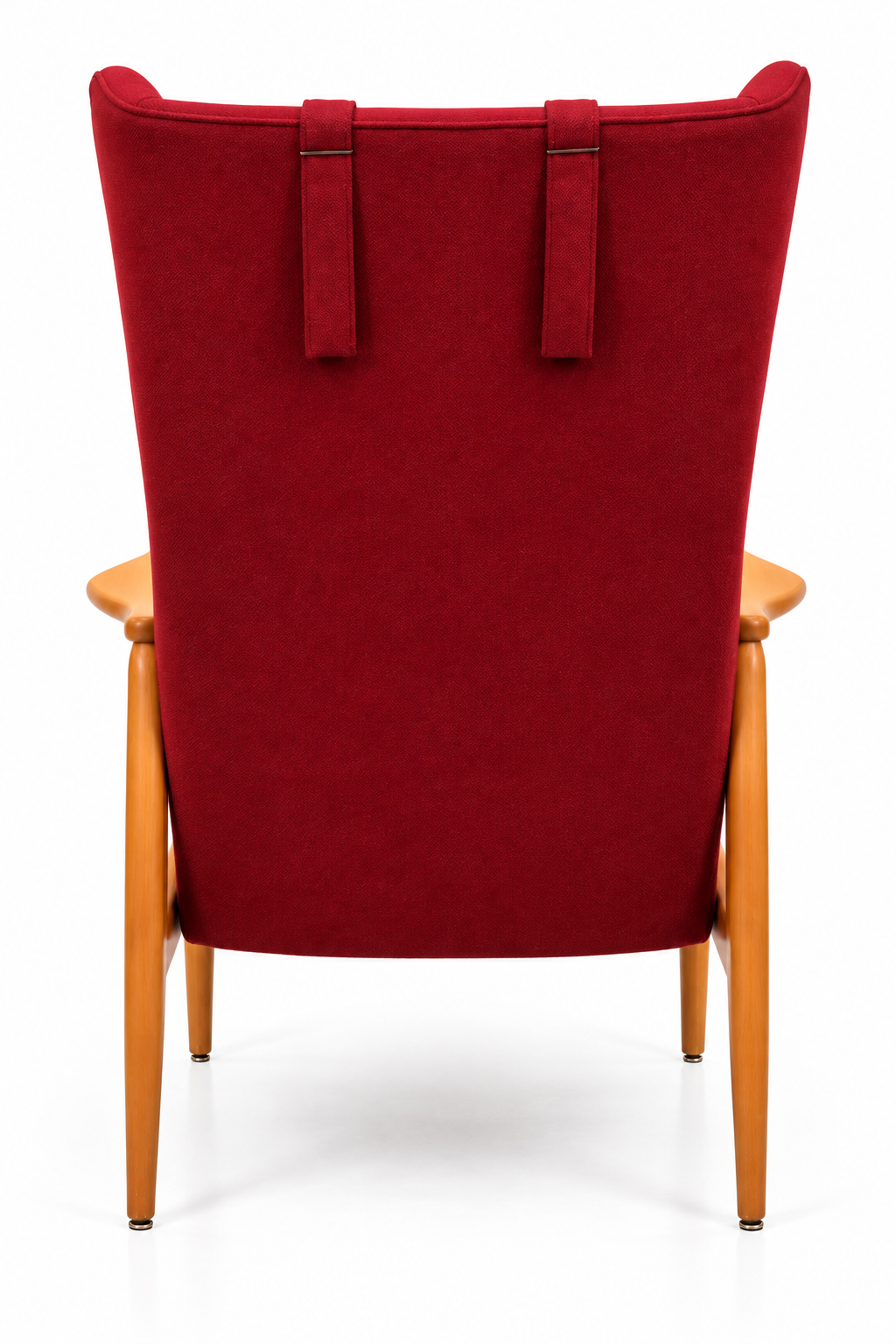 Mid-Century 1960s Scandinavian Modern High-Back Wing Lounge Chair – Original Red Upholstery & Sculpted Wood Arms