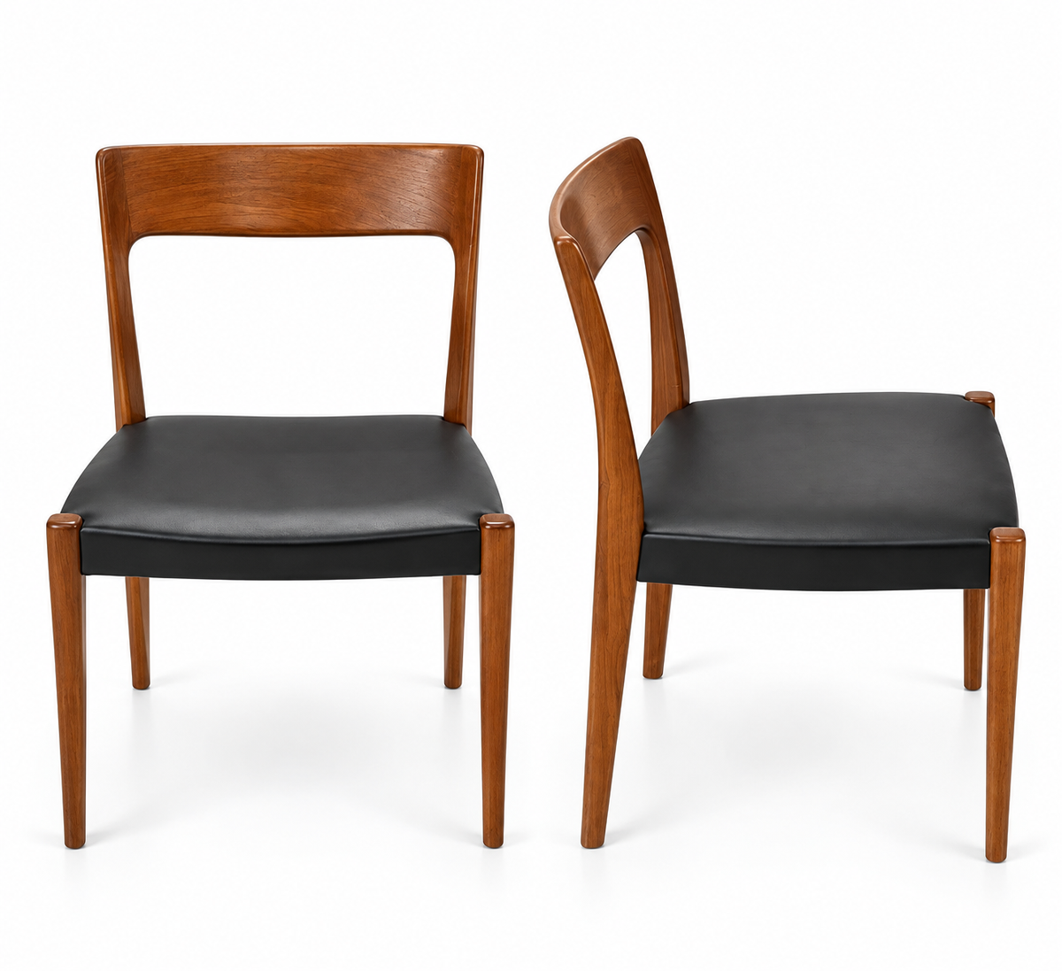Pair of Authentic 1960s Mid-Century Danish Modern Teak Dining Chairs with Black Leather Upholstery