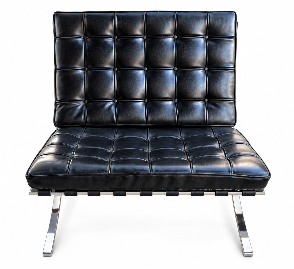 Vintage Mid-Century Barcelona Style Lounge Chair in Black Leather & Chrome, c. 1970s