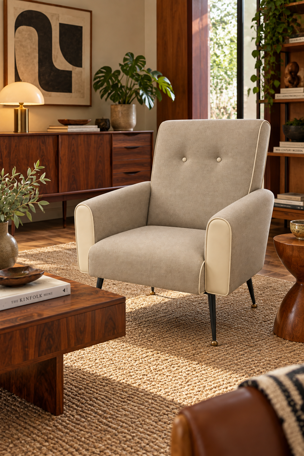 Italian Mid-Century Modern Lounge Chair – Gray Wool Upholstery & White Leather Piping, 1960s