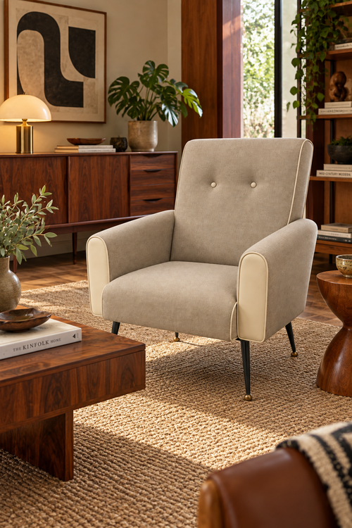 Italian Mid-Century Modern Lounge Chair – Gray Wool Upholstery & White Leather Piping, 1960s