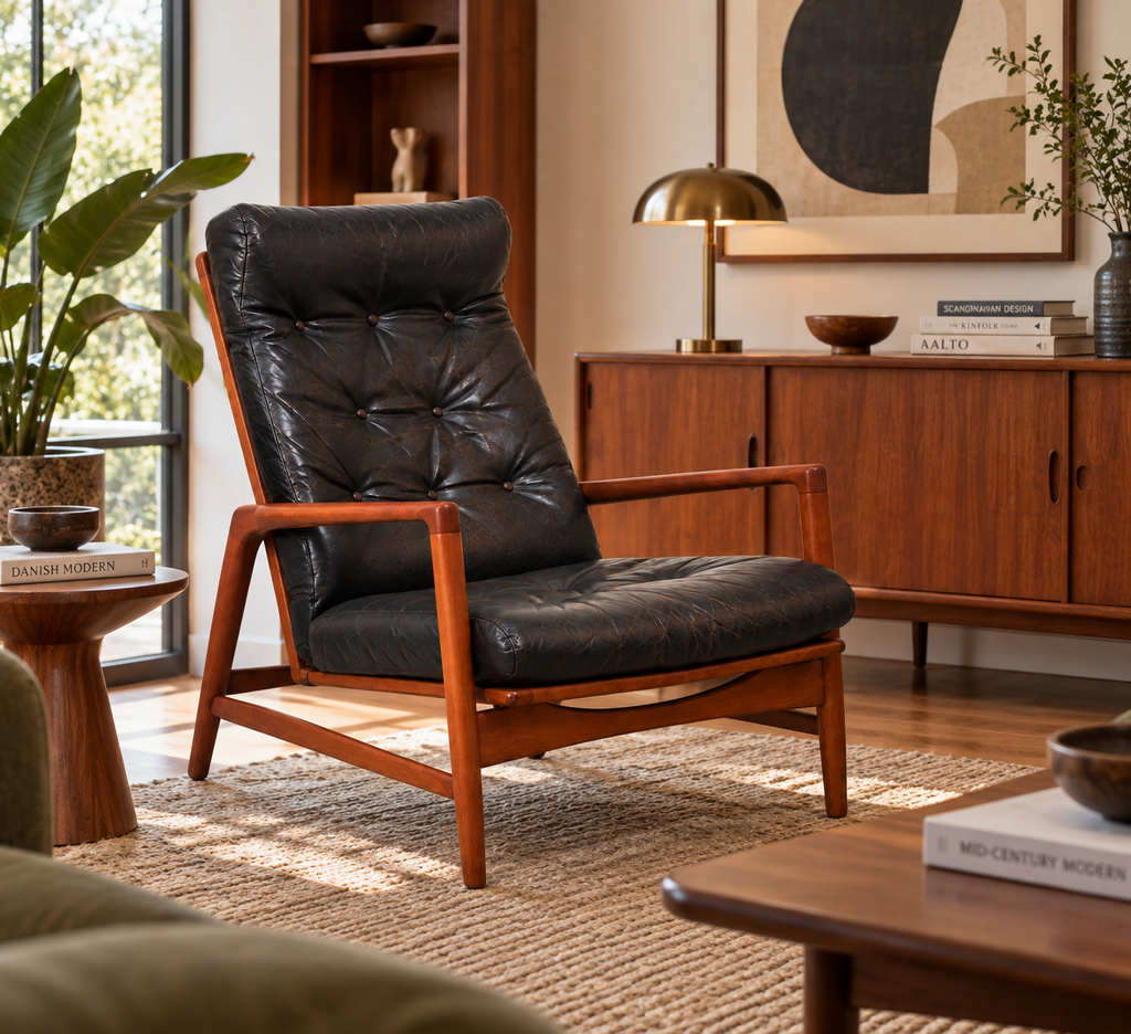 Mid-Century Ib Kofod-Larsen for Selig Danish Modern Teak High-Back Lounge Chair – Original Black Leather, 1960s
