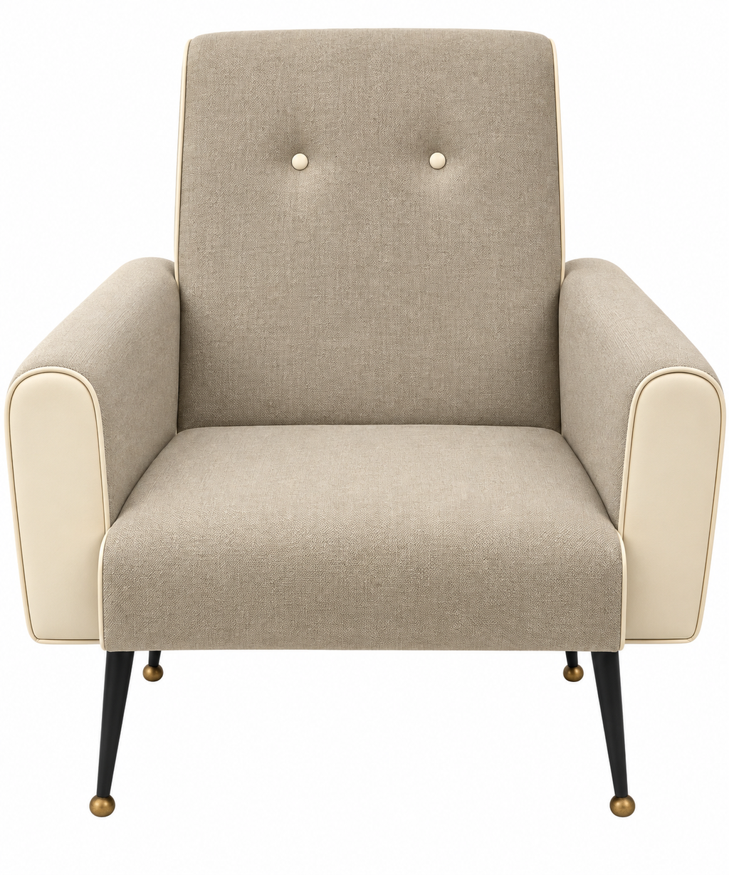 Italian Mid-Century Modern Lounge Chair – Gray Wool Upholstery & White Leather Piping, 1960s