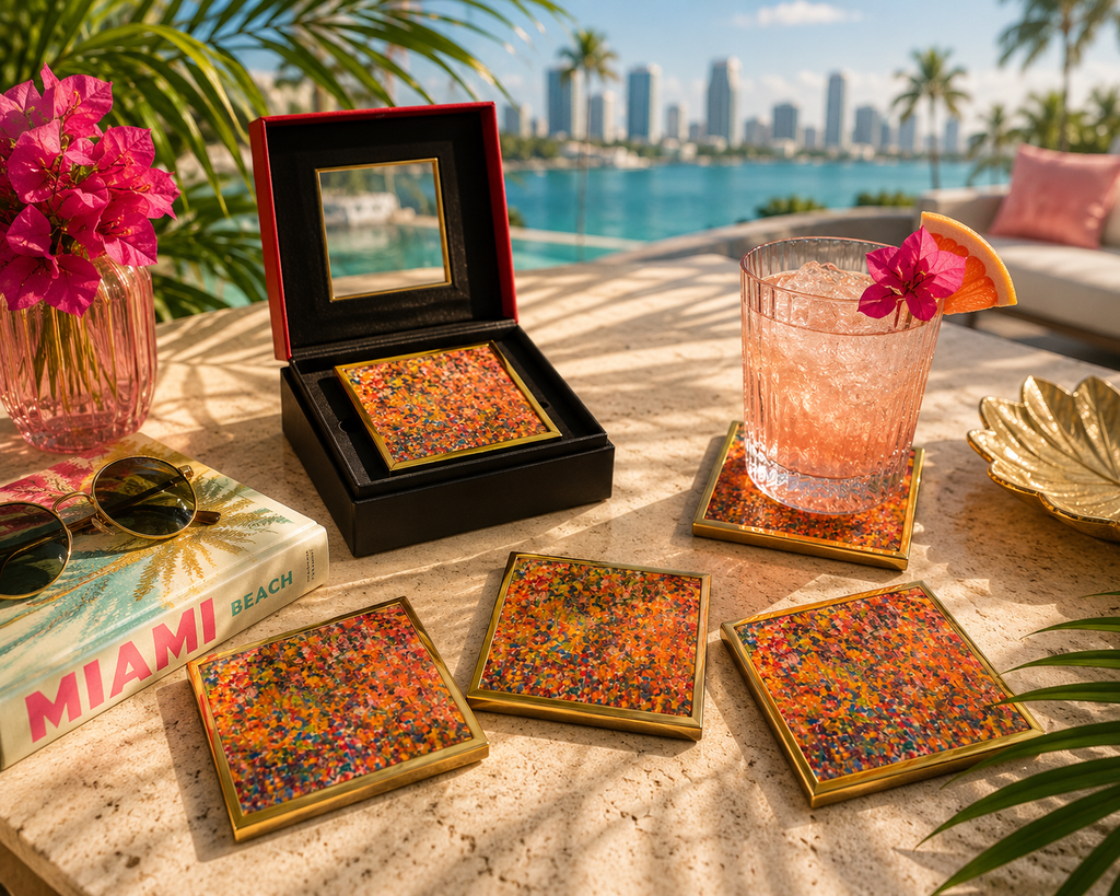 Bruce Mishell Art Coaster Set – 4 Ceramic Brass-Trim Coasters in Gift Box (Copy)