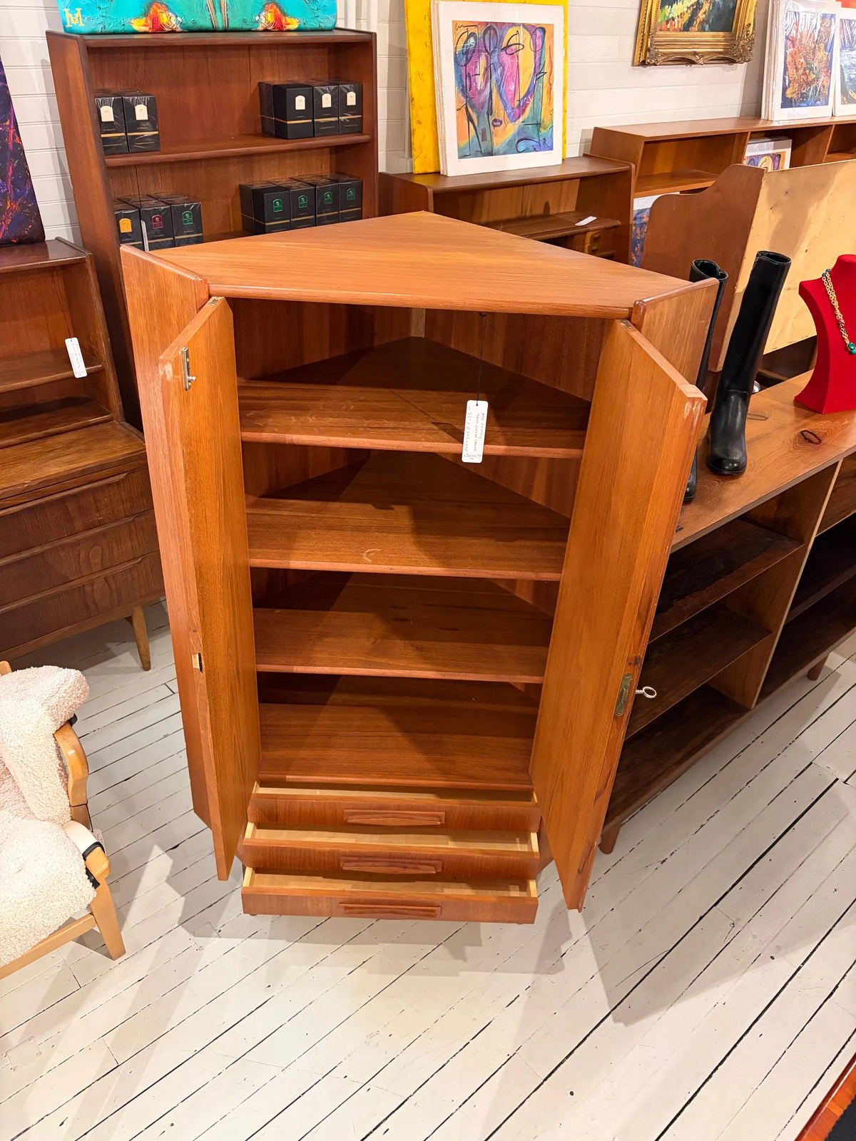 Mid Century Rosewood Corner Cabinet | Danish Modern Teak Storage Cupboard with Shelves