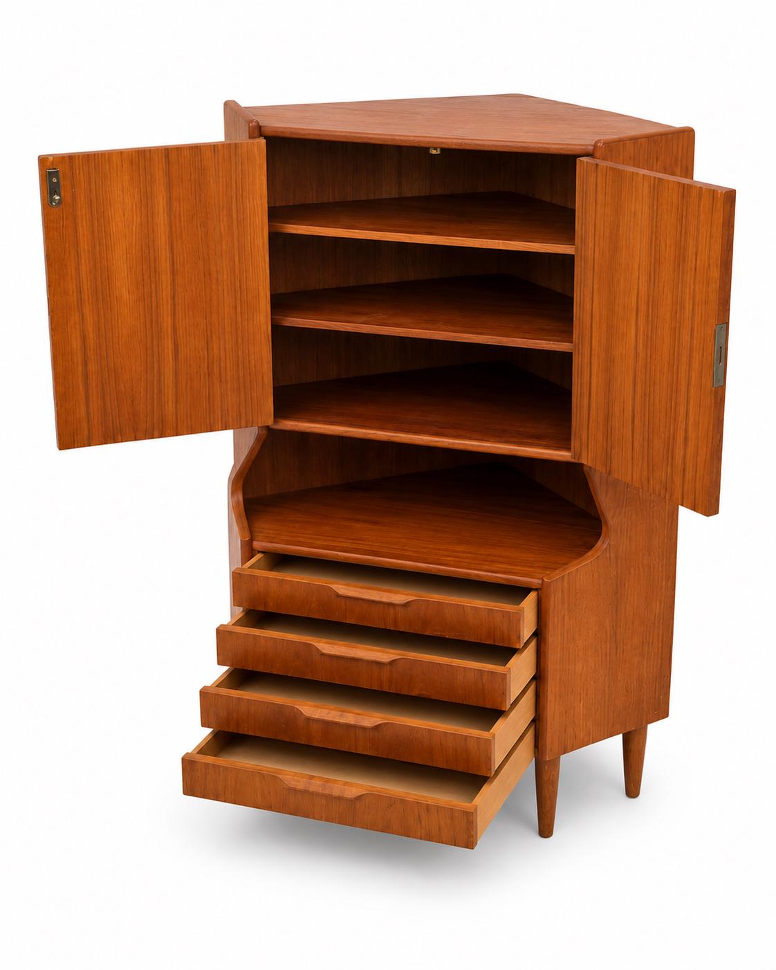 Vintage Mid-Century Modern Teak Corner Cabinet with Shelves, Drawers & Curved Display Nook