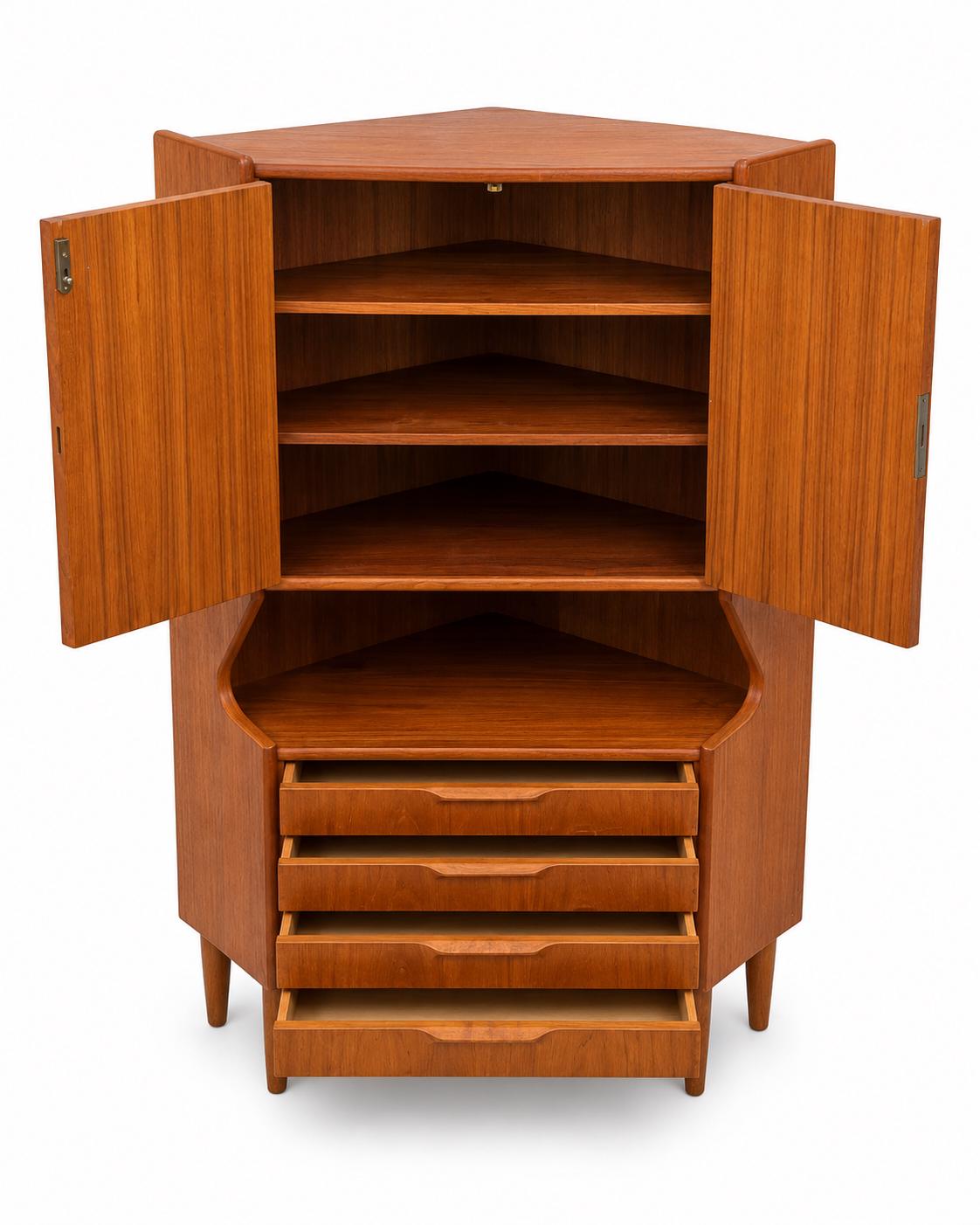 Vintage Mid-Century Modern Teak Corner Cabinet with Shelves, Drawers & Curved Display Nook