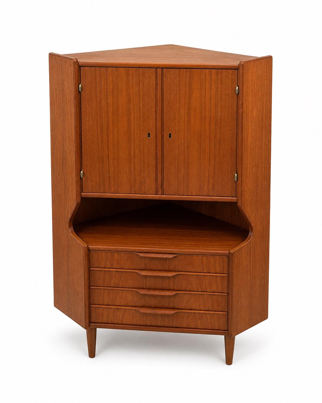 Vintage Mid-Century Modern Teak Corner Cabinet with Shelves, Drawers & Curved Display Nook