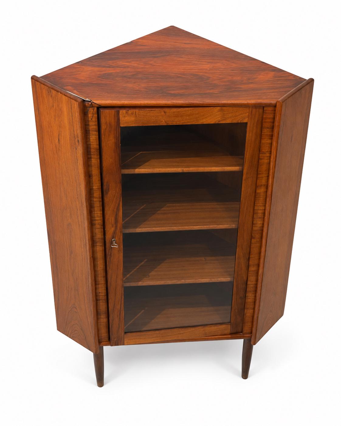 Mid Century Modern Rosewood Corner Cabinet Danish Style Glass Display Hutch