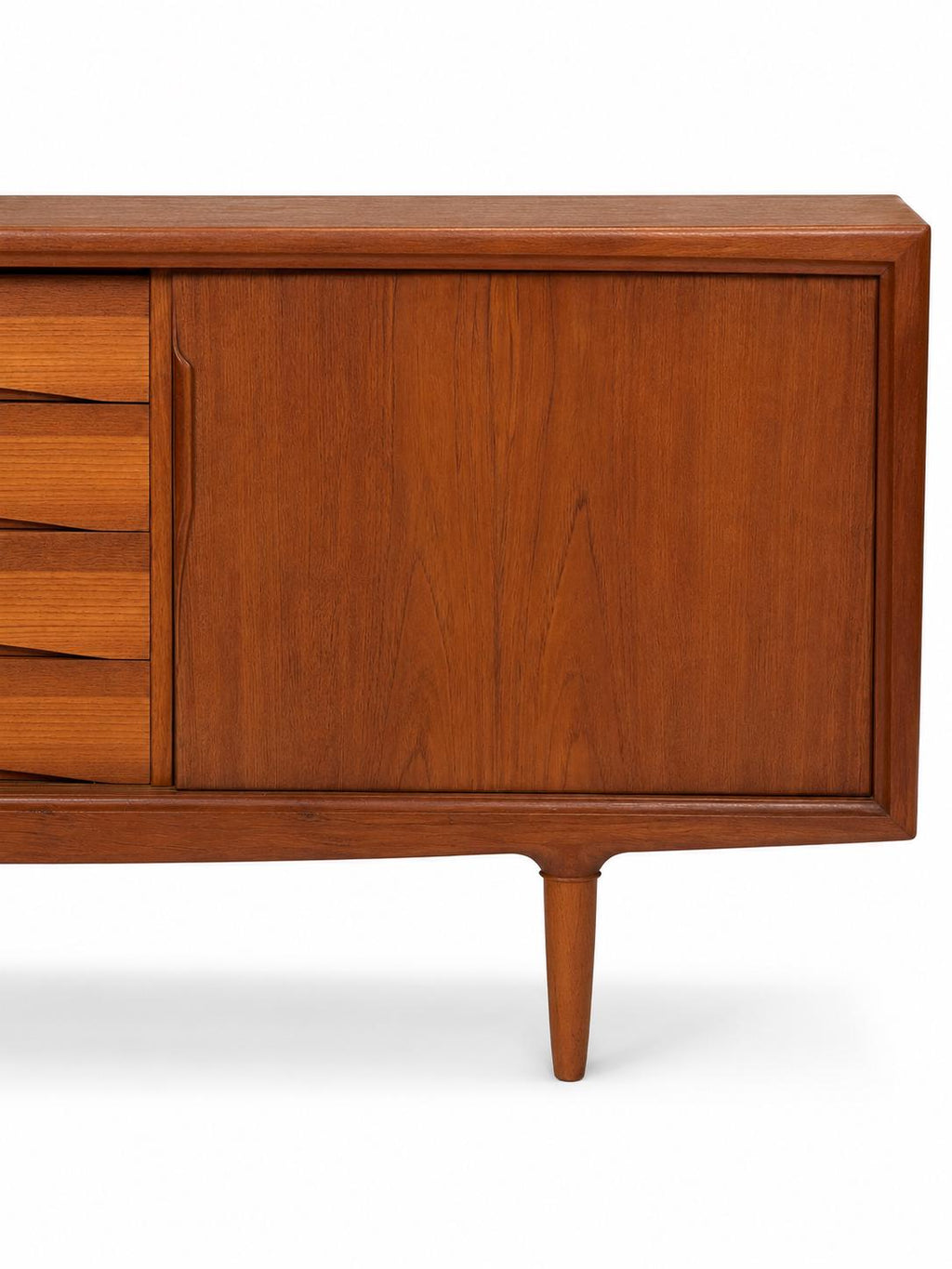 Vintage Mid-Century Modern Teak Credenza Sideboard with Sculpted Doors, Center Drawers & Tapered Legs