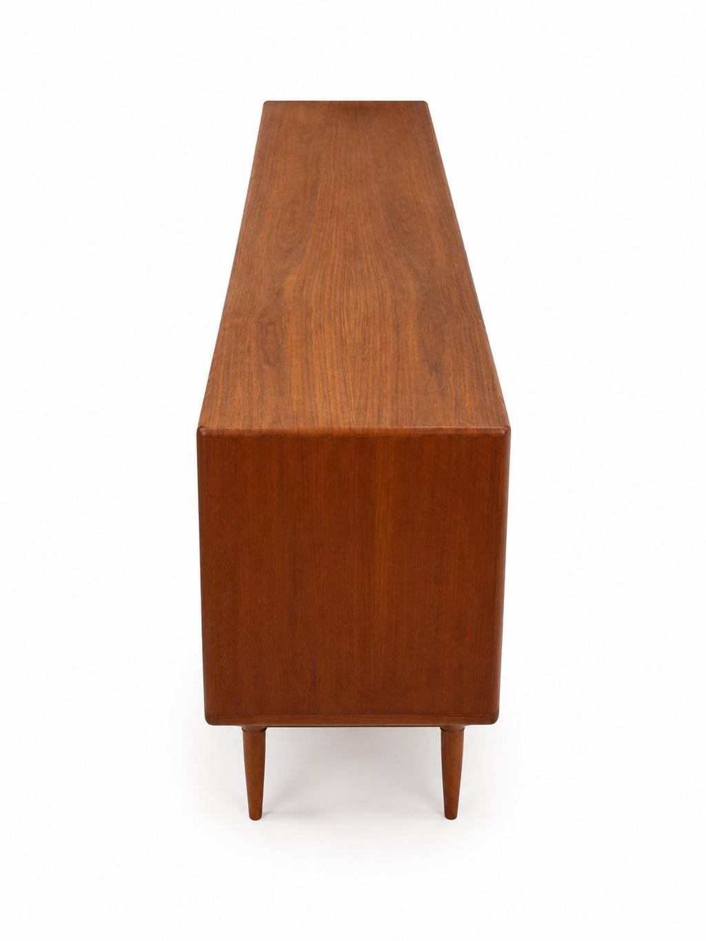 Vintage Mid-Century Modern Teak Credenza Sideboard with Sculpted Doors, Center Drawers & Tapered Legs