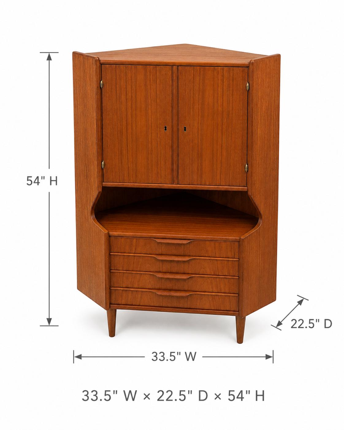 Vintage Mid-Century Modern Teak Corner Cabinet with Shelves, Drawers & Curved Display Nook