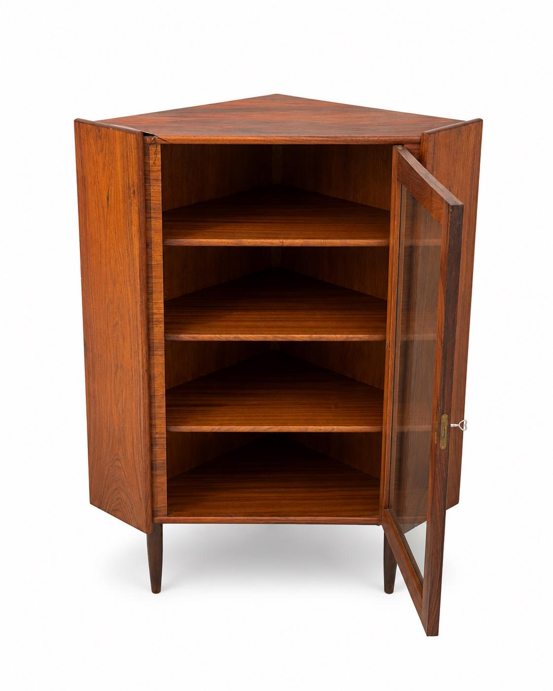 Mid Century Modern Rosewood Corner Cabinet Danish Style Glass Display Hutch
