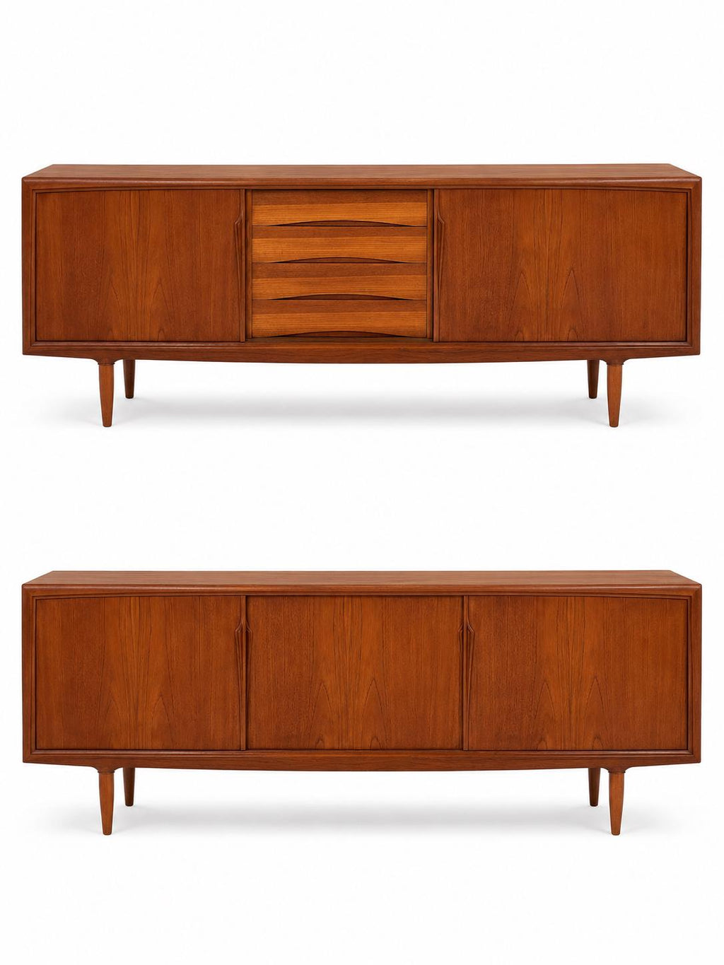 Vintage Mid-Century Modern Teak Credenza Sideboard with Sculpted Doors, Center Drawers & Tapered Legs