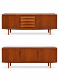 Vintage Mid-Century Modern Teak Credenza Sideboard with Sculpted Doors, Center Drawers & Tapered Legs