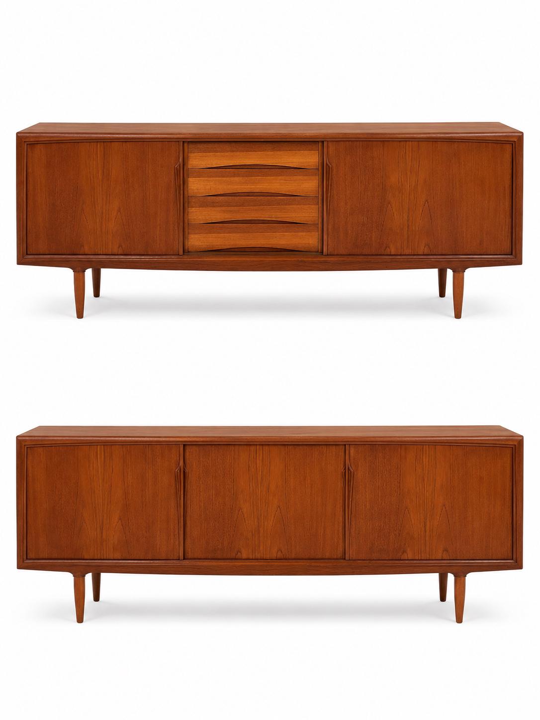 Vintage Mid-Century Modern Teak Credenza Sideboard with Sculpted Doors, Center Drawers & Tapered Legs