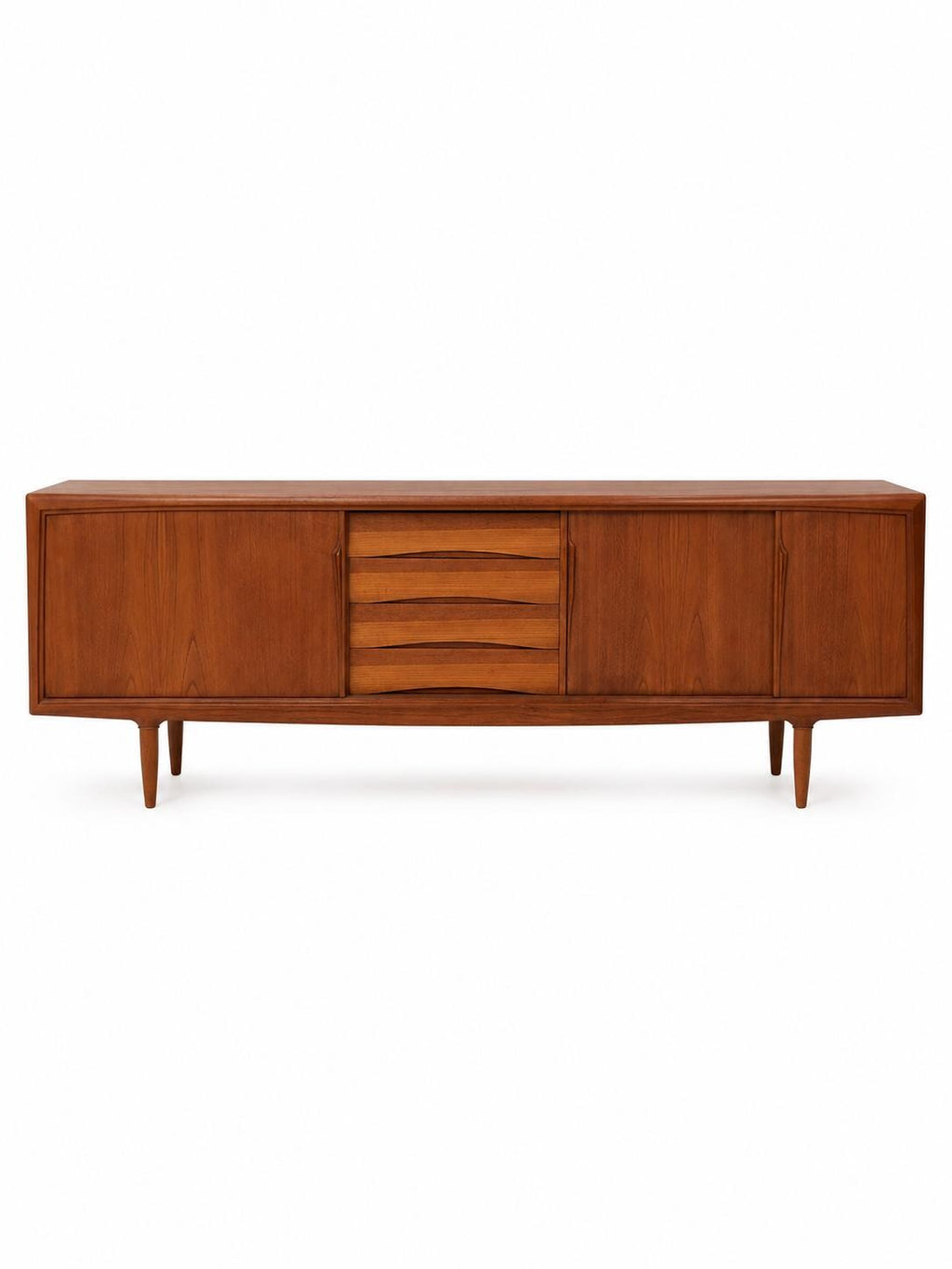 Vintage Mid-Century Modern Teak Credenza Sideboard with Sculpted Doors, Center Drawers & Tapered Legs