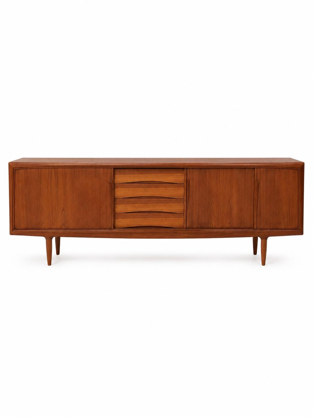 Vintage Mid-Century Modern Teak Credenza Sideboard with Sculpted Doors, Center Drawers & Tapered Legs