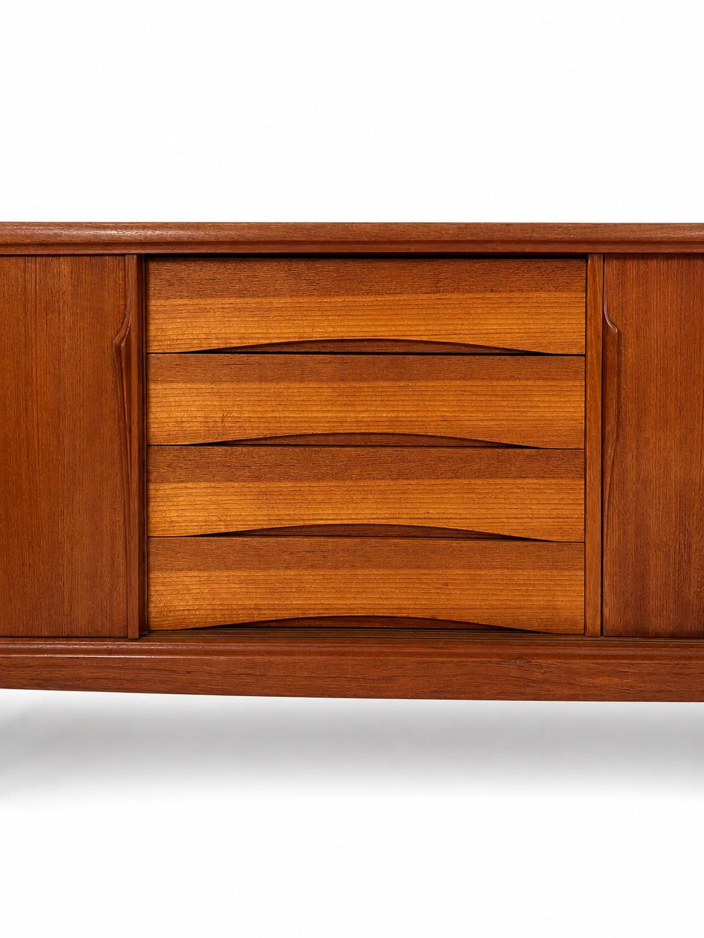 Vintage Mid-Century Modern Teak Credenza Sideboard with Sculpted Doors, Center Drawers & Tapered Legs