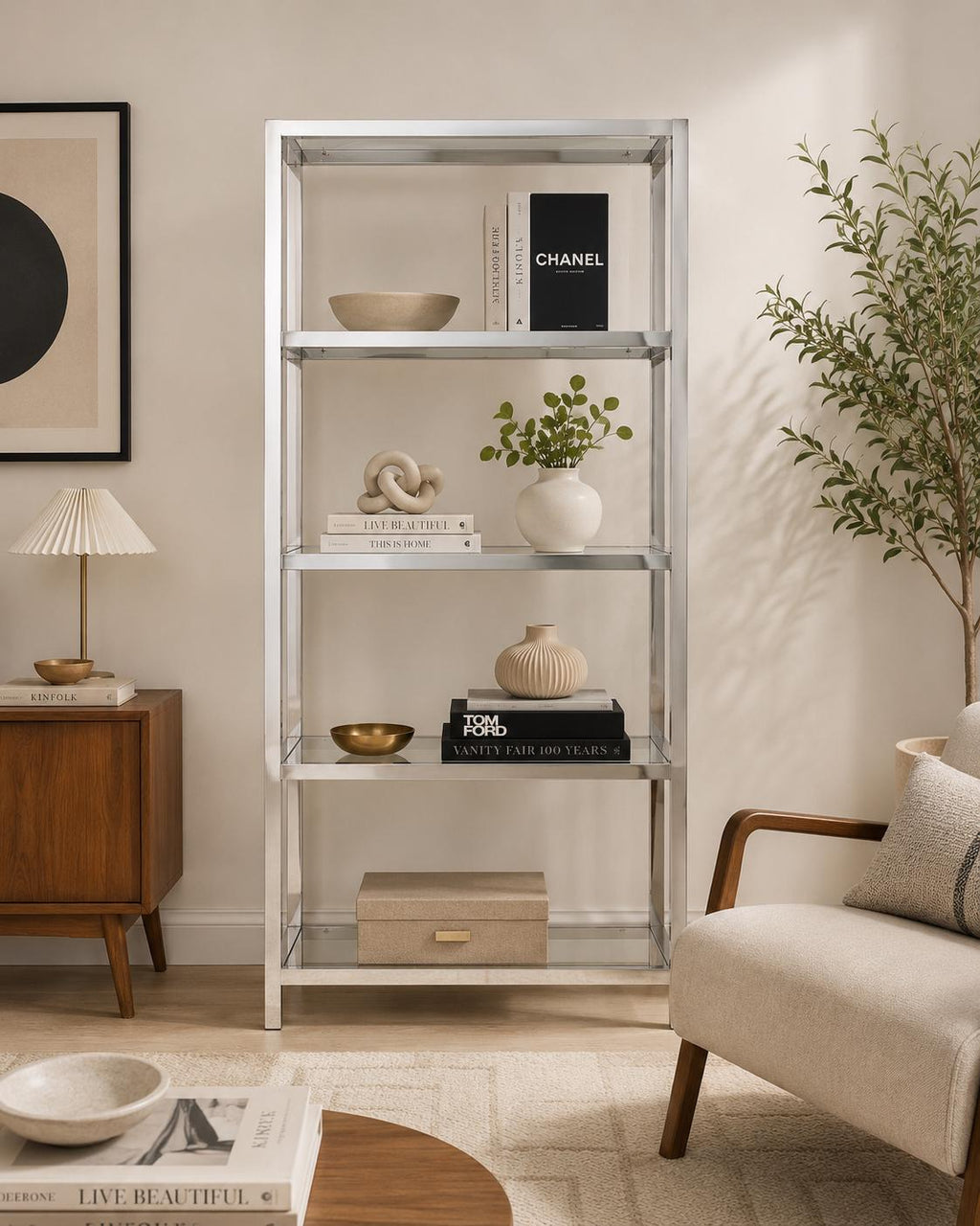 Milo Baughman Style Chrome Glass Étagère Bookcase: 5-Tier Mid Century Modern Display Shelf