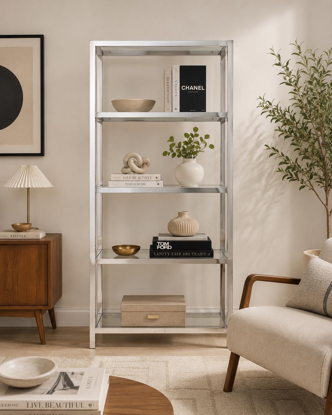 Milo Baughman Style Chrome Glass Étagère Bookcase: 5-Tier Mid Century Modern Display Shelf
