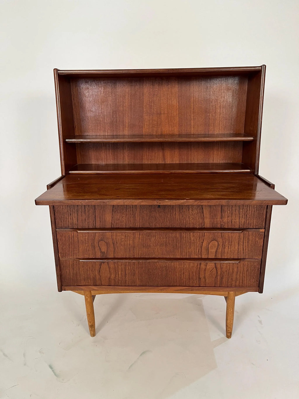 Mid Century Teak Secretary Desk: Danish Style Bookcase Cabinet Storage