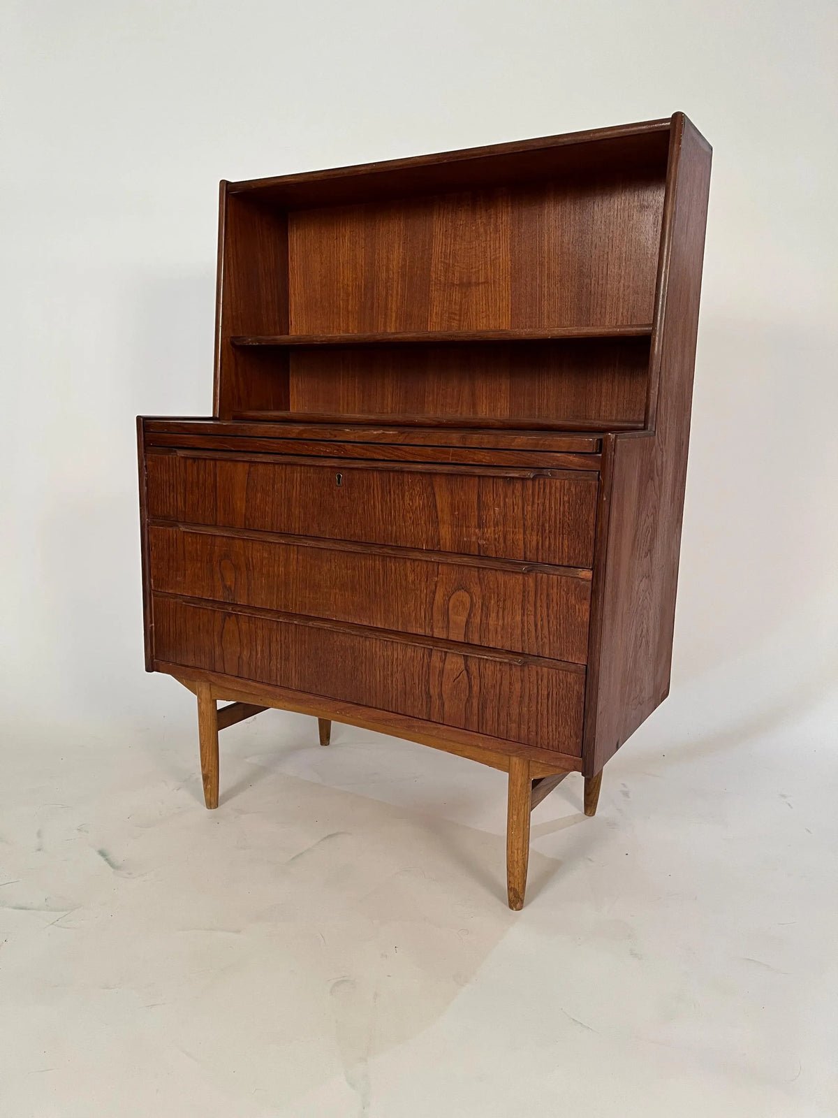 Mid Century Teak Secretary Desk: Danish Style Bookcase Cabinet Storage