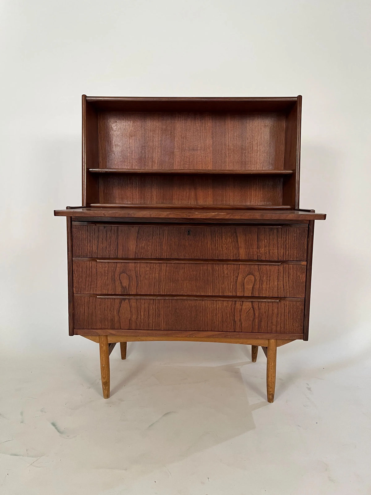 Mid Century Teak Secretary Desk: Danish Style Bookcase Cabinet Storage