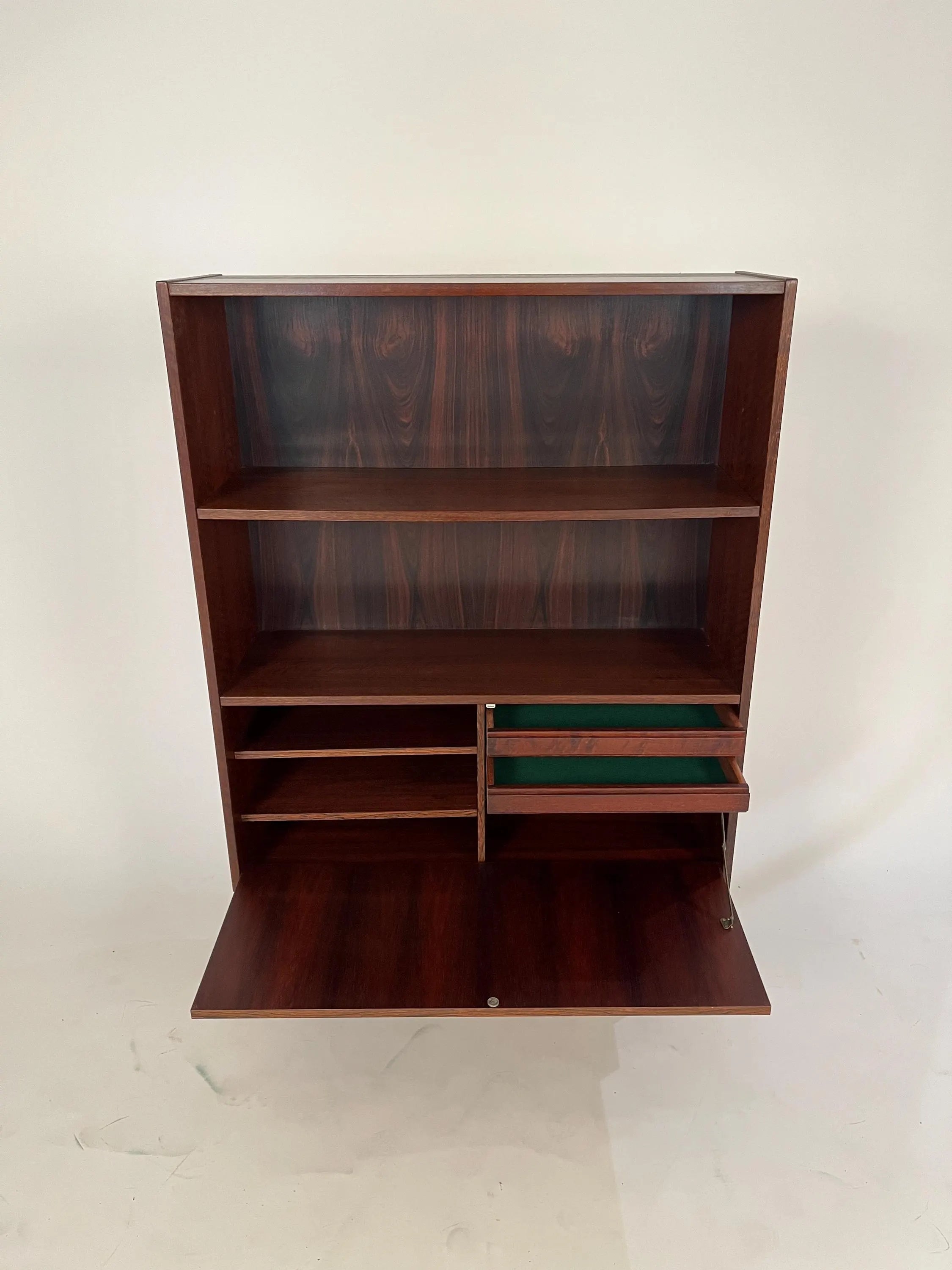 Mid-Century Modern Rosewood Bookcase Secretary Desk Danish Style Drop Down Cabinet Vintage Storage