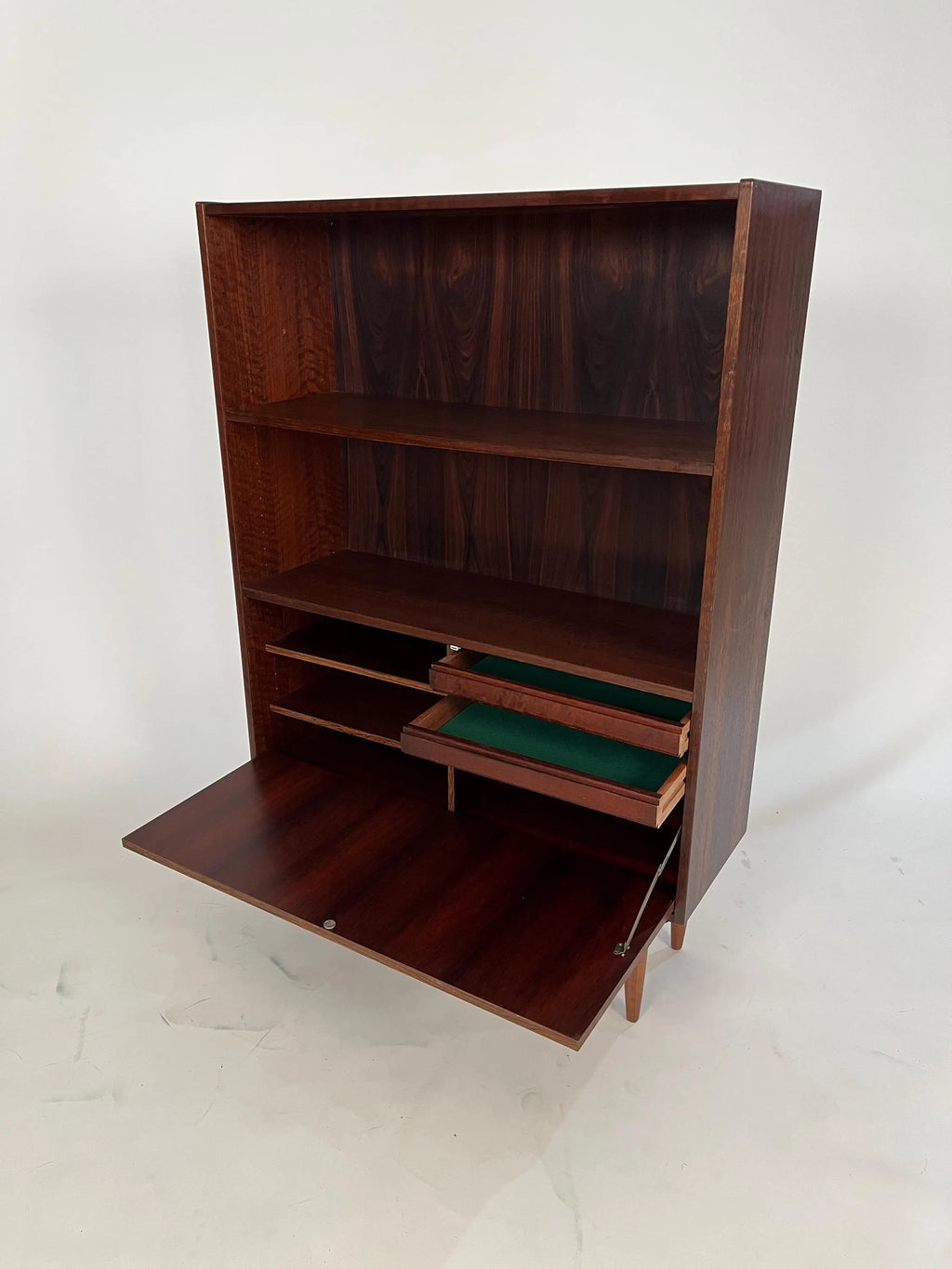 Mid-Century Modern Rosewood Bookcase Secretary Desk Danish Style Drop Down Cabinet Vintage Storage