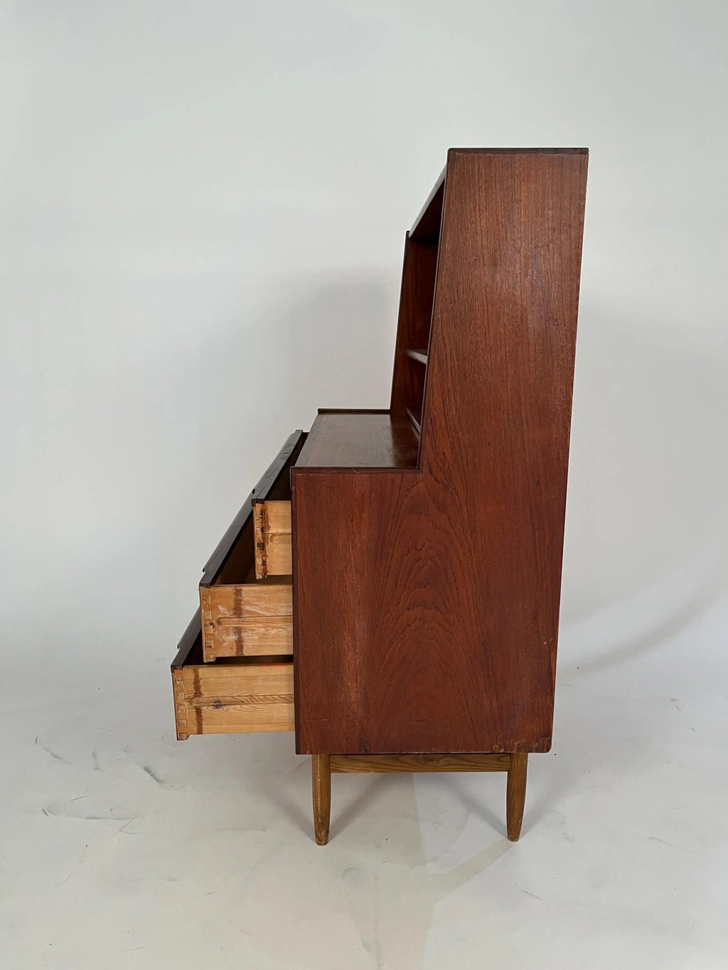 Mid Century Teak Secretary Desk: Danish Style Bookcase Cabinet Storage