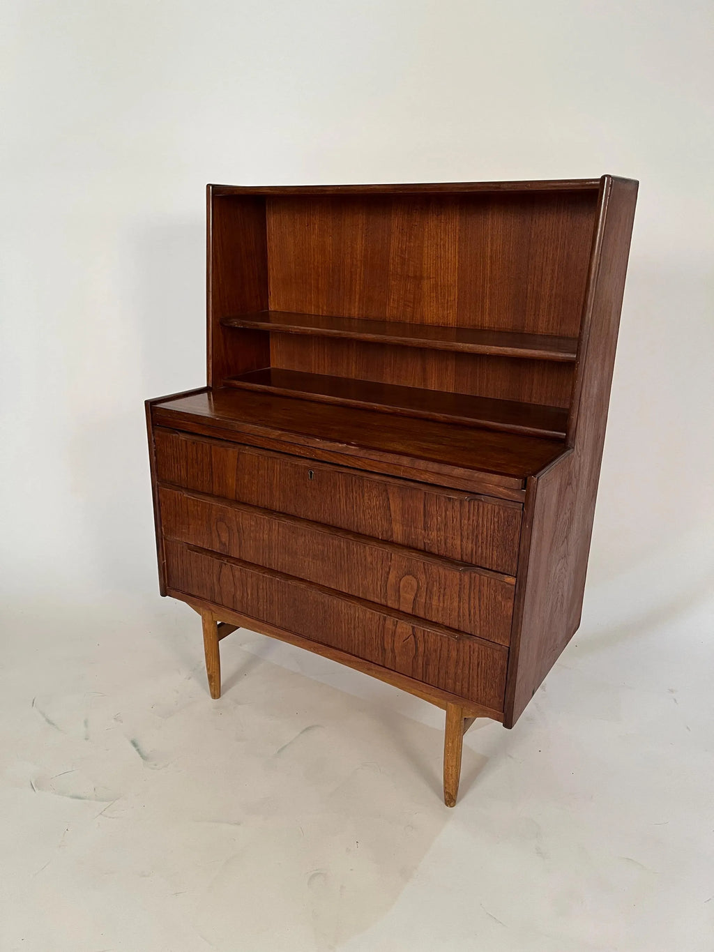 Mid Century Teak Secretary Desk: Danish Style Bookcase Cabinet Storage