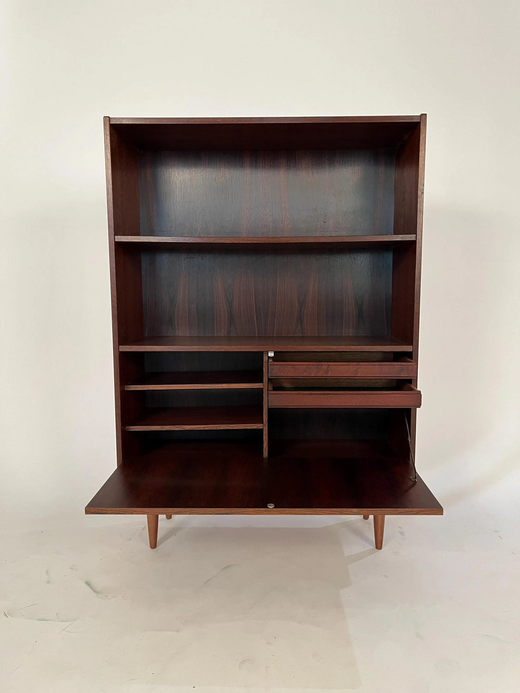 Mid-Century Modern Rosewood Bookcase Secretary Desk Danish Style Drop Down Cabinet Vintage Storage