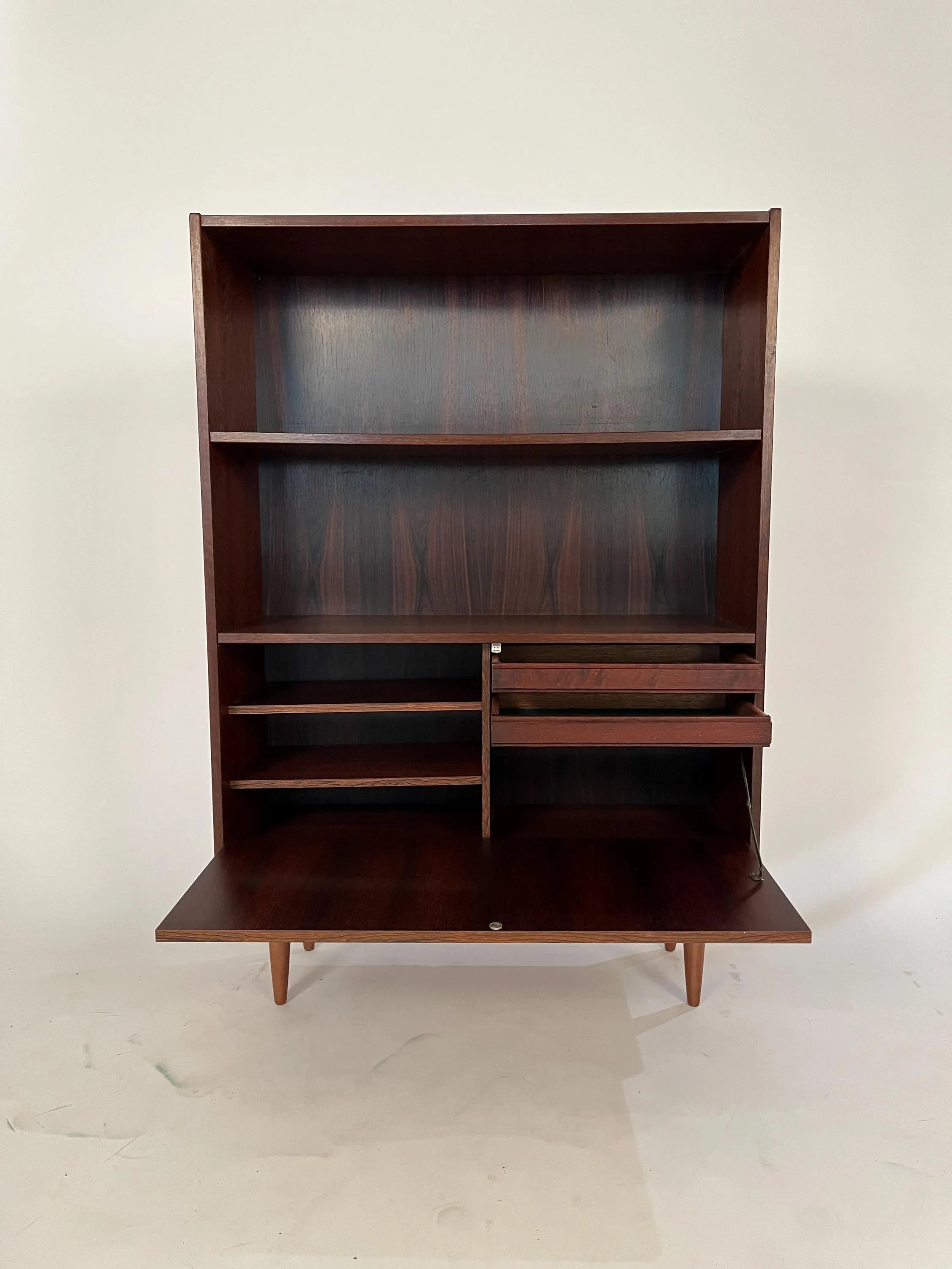 Mid-Century Modern Rosewood Bookcase Secretary Desk Danish Style Drop Down Cabinet Vintage Storage