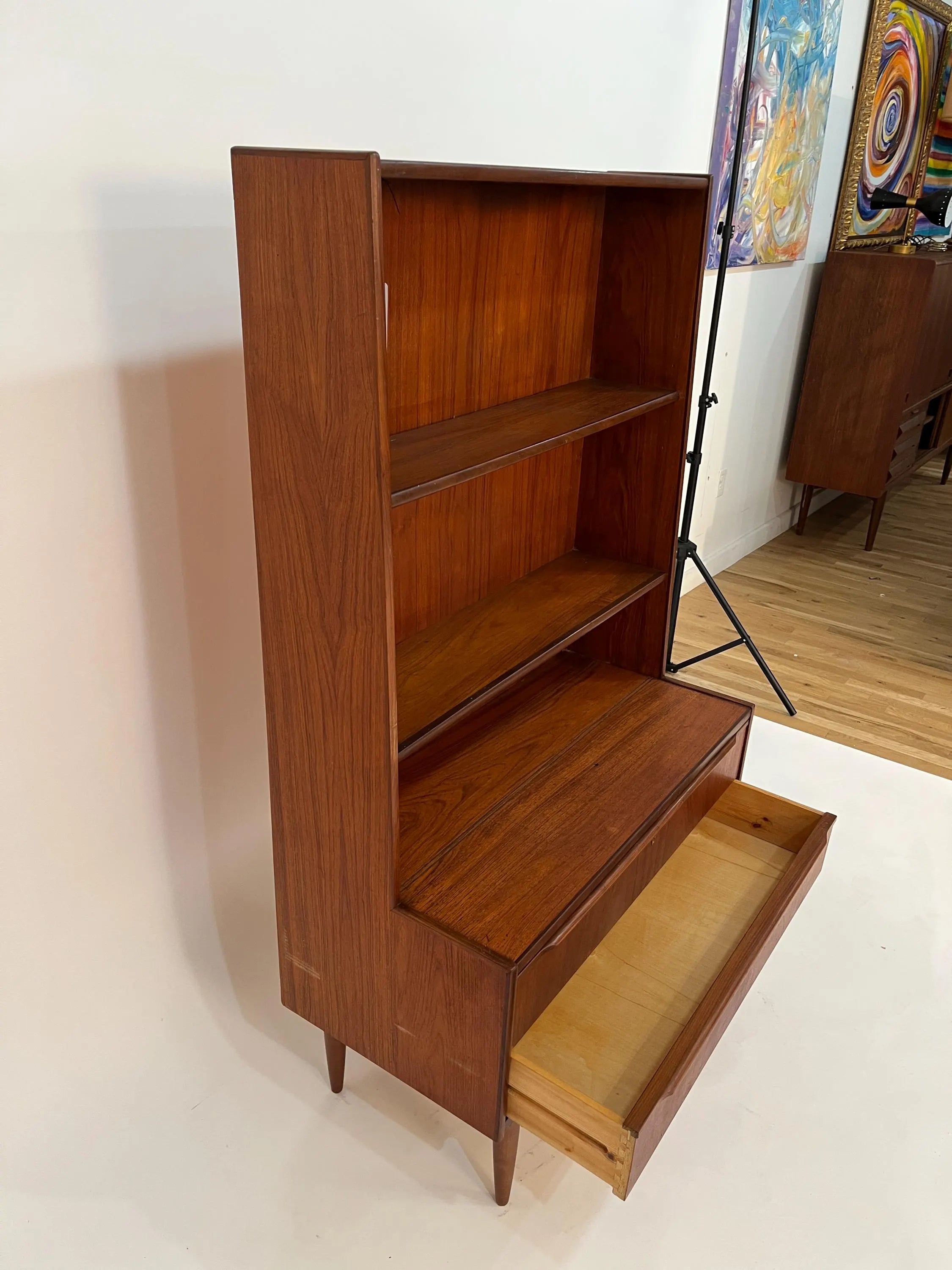 Mid Century Modern Teak Cabinet Bookcase Secretary Danish Style Hutch Storage Unit Vintage