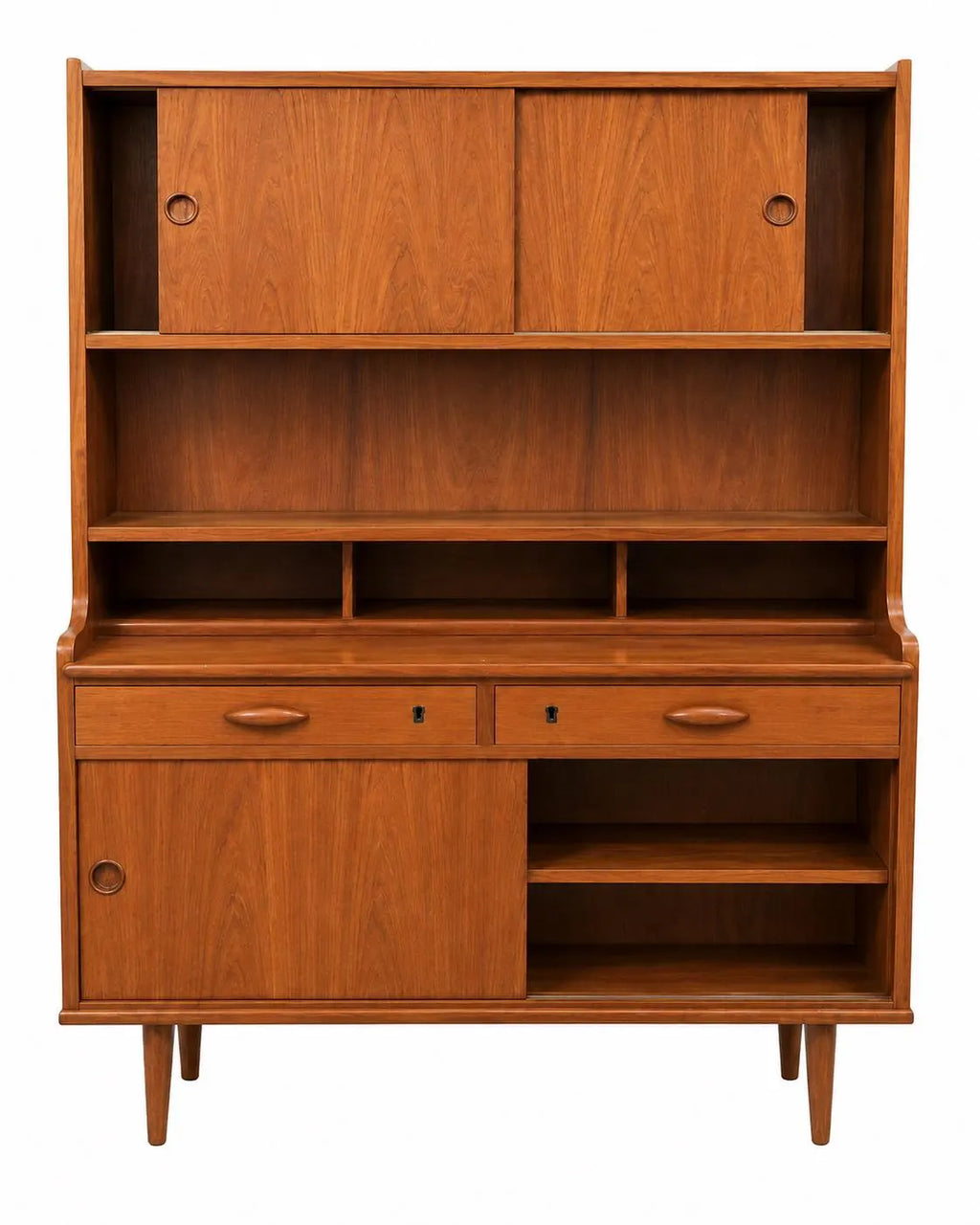 Vintage Mid-Century Modern Teak Wall Unit Hutch with Sliding Doors, Drawers & Open Display Shelving