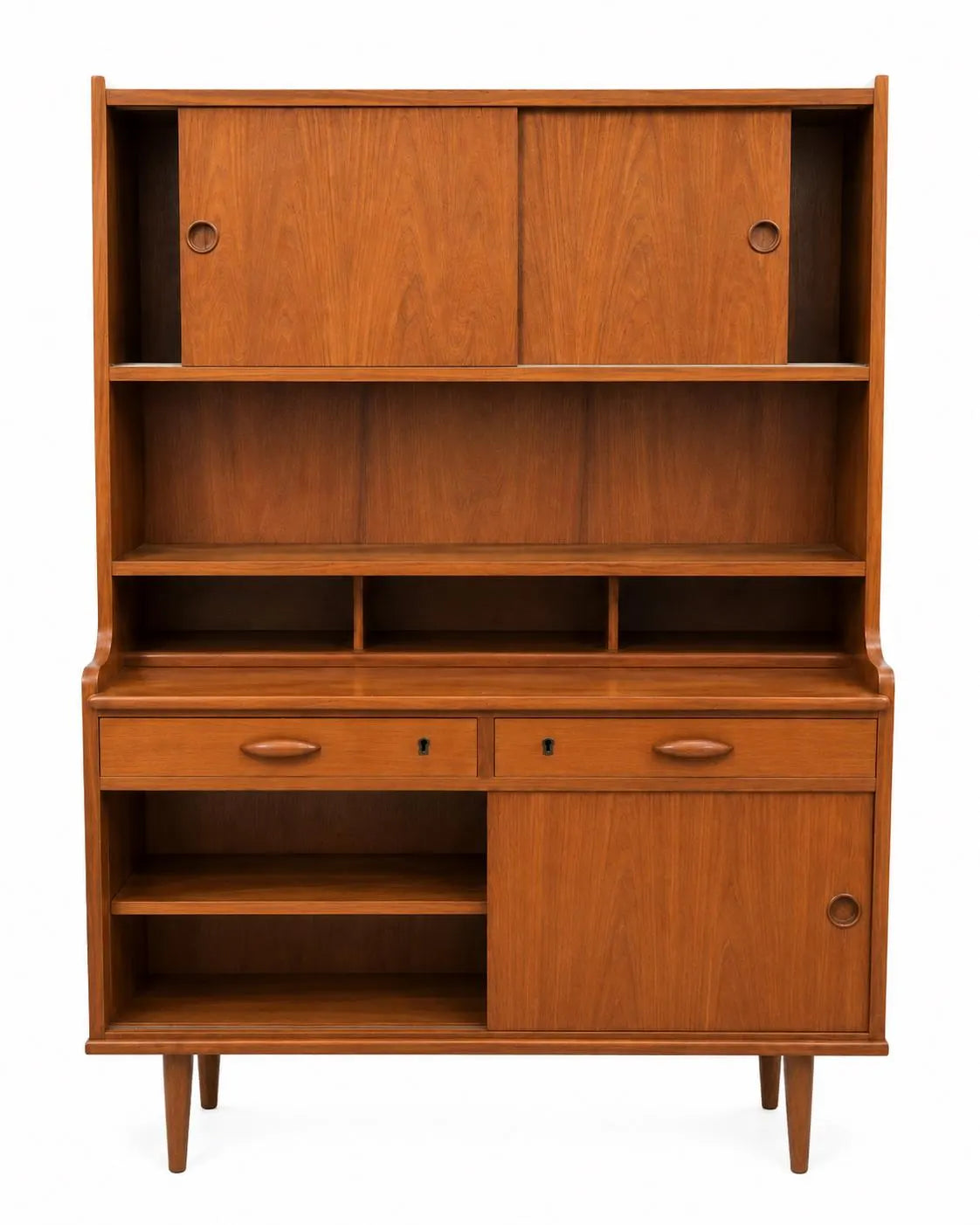Vintage Mid-Century Modern Teak Wall Unit Hutch with Sliding Doors, Drawers & Open Display Shelving