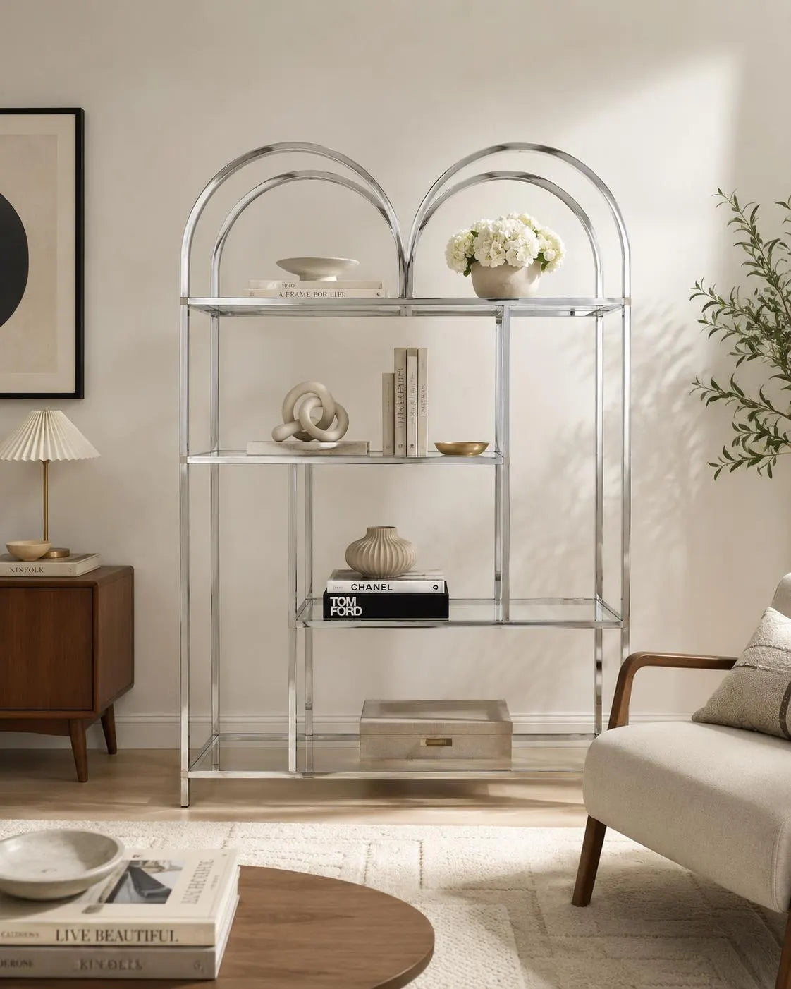 Milo Baughman Style Chrome Glass Étagère Bookcase: Mid-Century Modern Display Shelf