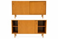 Vintage Scandinavian Oak Credenza: Mid Century Sliding Door Sideboard Cabinet