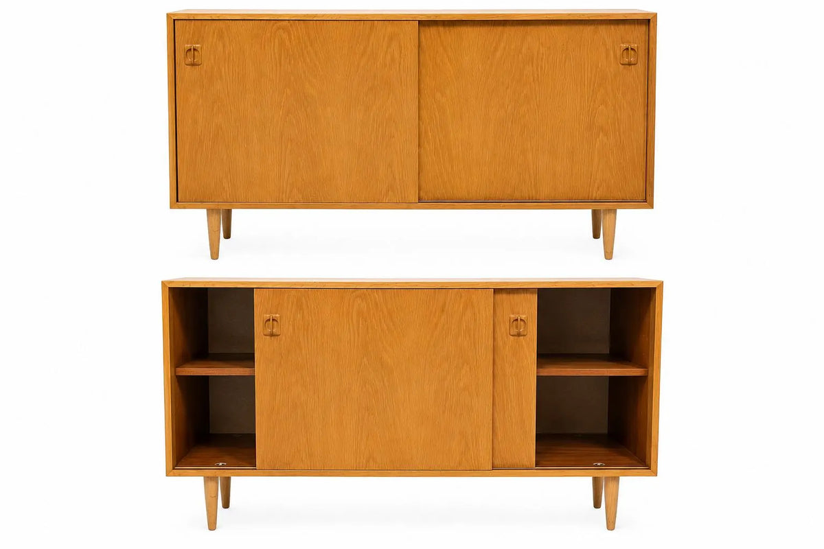 Vintage Scandinavian Oak Credenza: Mid Century Sliding Door Sideboard Cabinet