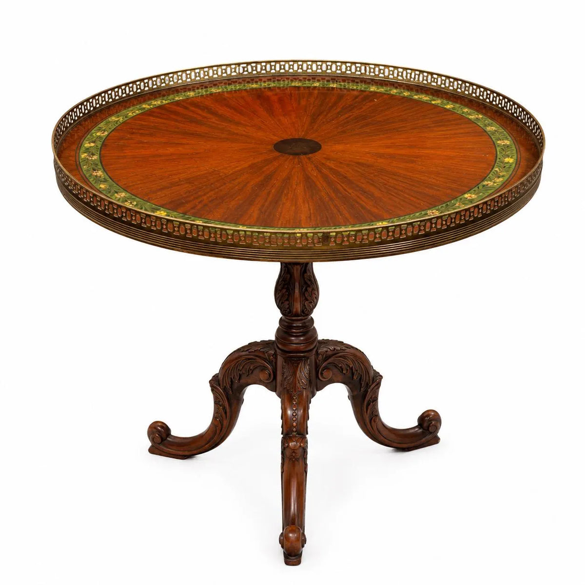 Vintage French Marquetry Gueridon Table: Sunburst Inlay, Brass Gallery, Louis XVI Style