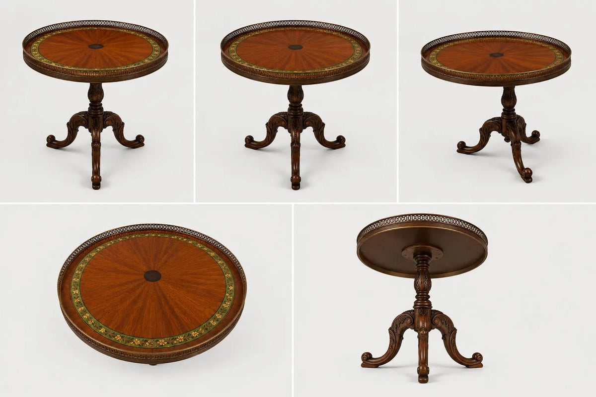 Vintage French Marquetry Gueridon Table: Sunburst Inlay, Brass Gallery, Louis XVI Style