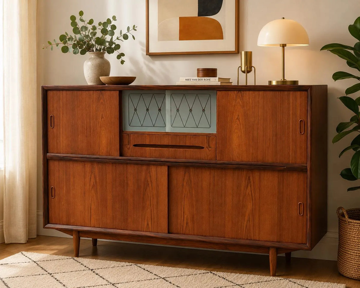 Mid Century Modern Credenza Scandinavian Highboard Sliding Door Cabinet