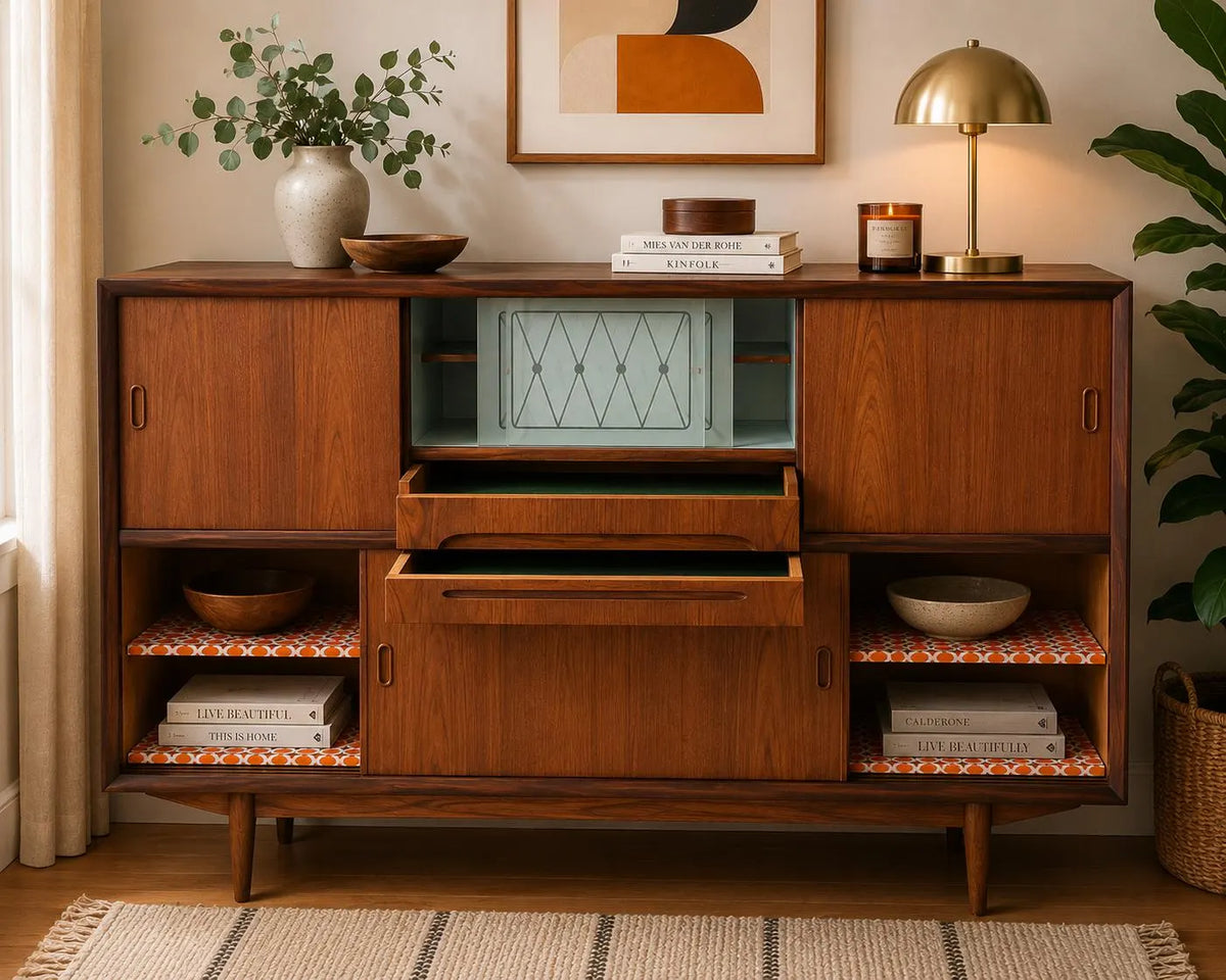 Mid Century Modern Credenza Scandinavian Highboard Sliding Door Cabinet