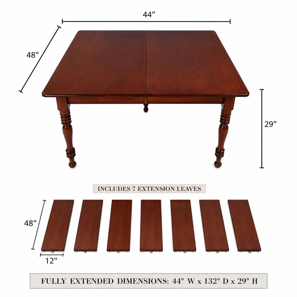Vintage Solid Wood Expandable Dining Table with 7 Leaves – Seats 14, Traditional Boho Style