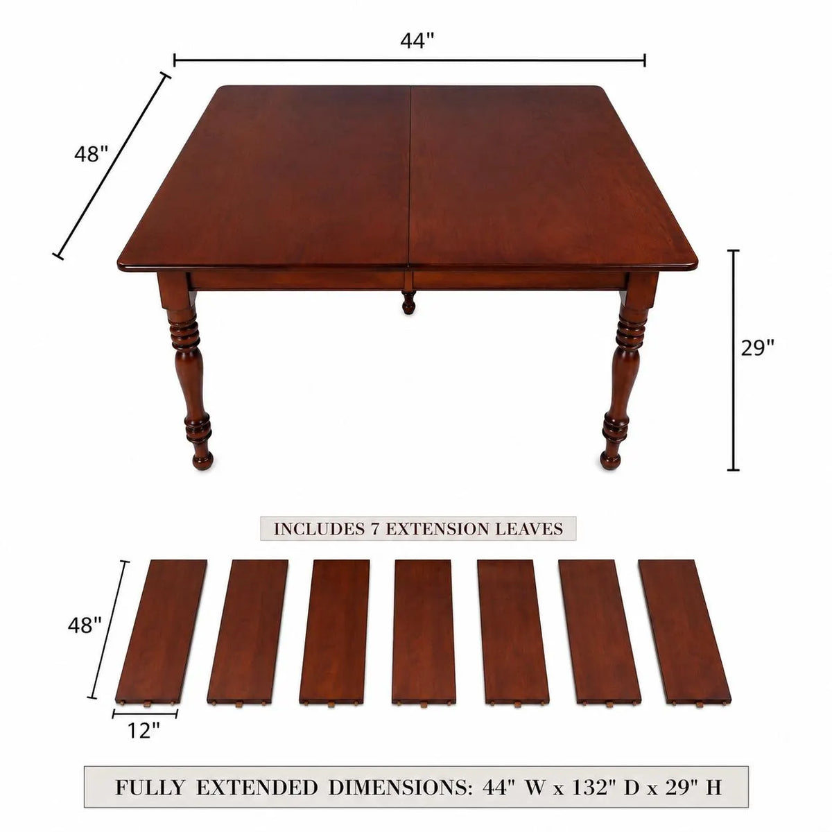Vintage Solid Wood Expandable Dining Table with 7 Leaves – Seats 14, Traditional Boho Style