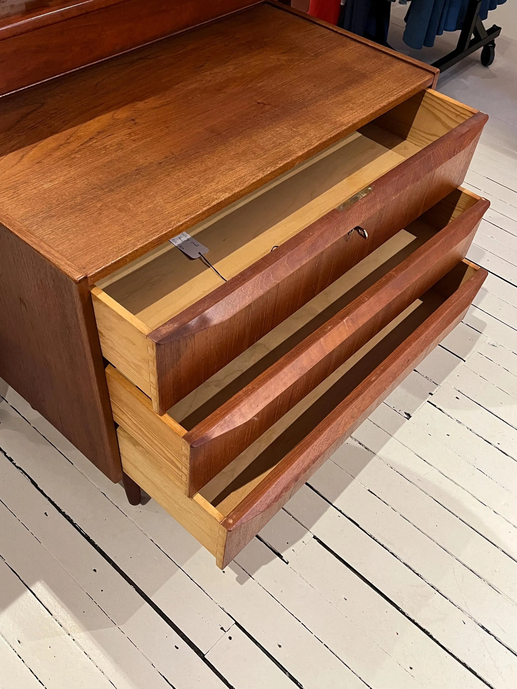 Mid Century Modern Teak Dresser: Danish 3-Drawer Low Chest with Key