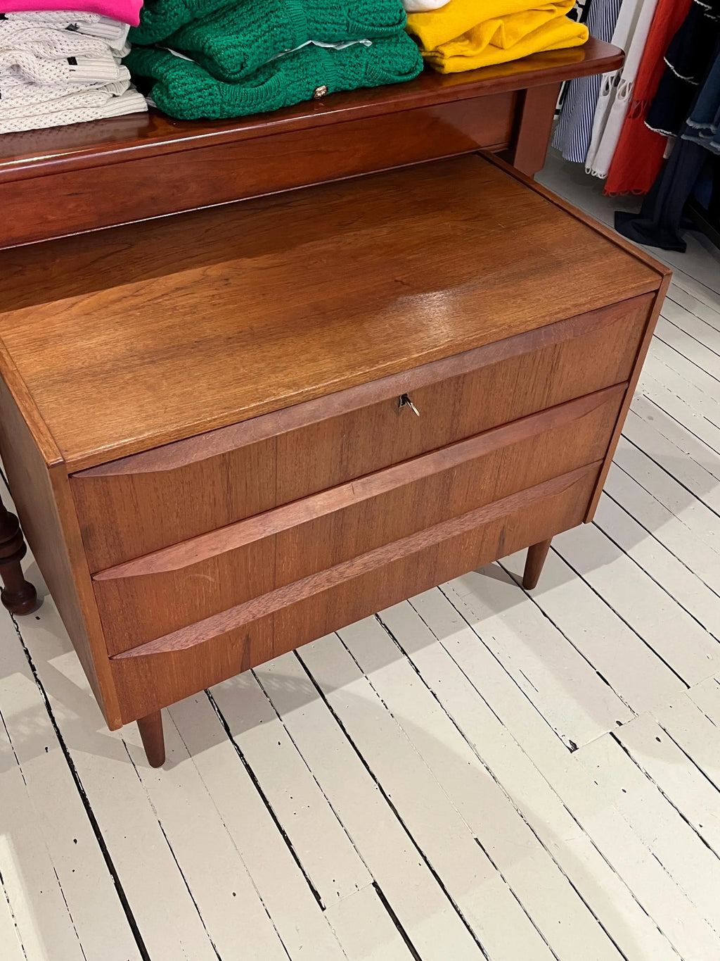 Mid Century Modern Teak Dresser: Danish 3-Drawer Low Chest with Key