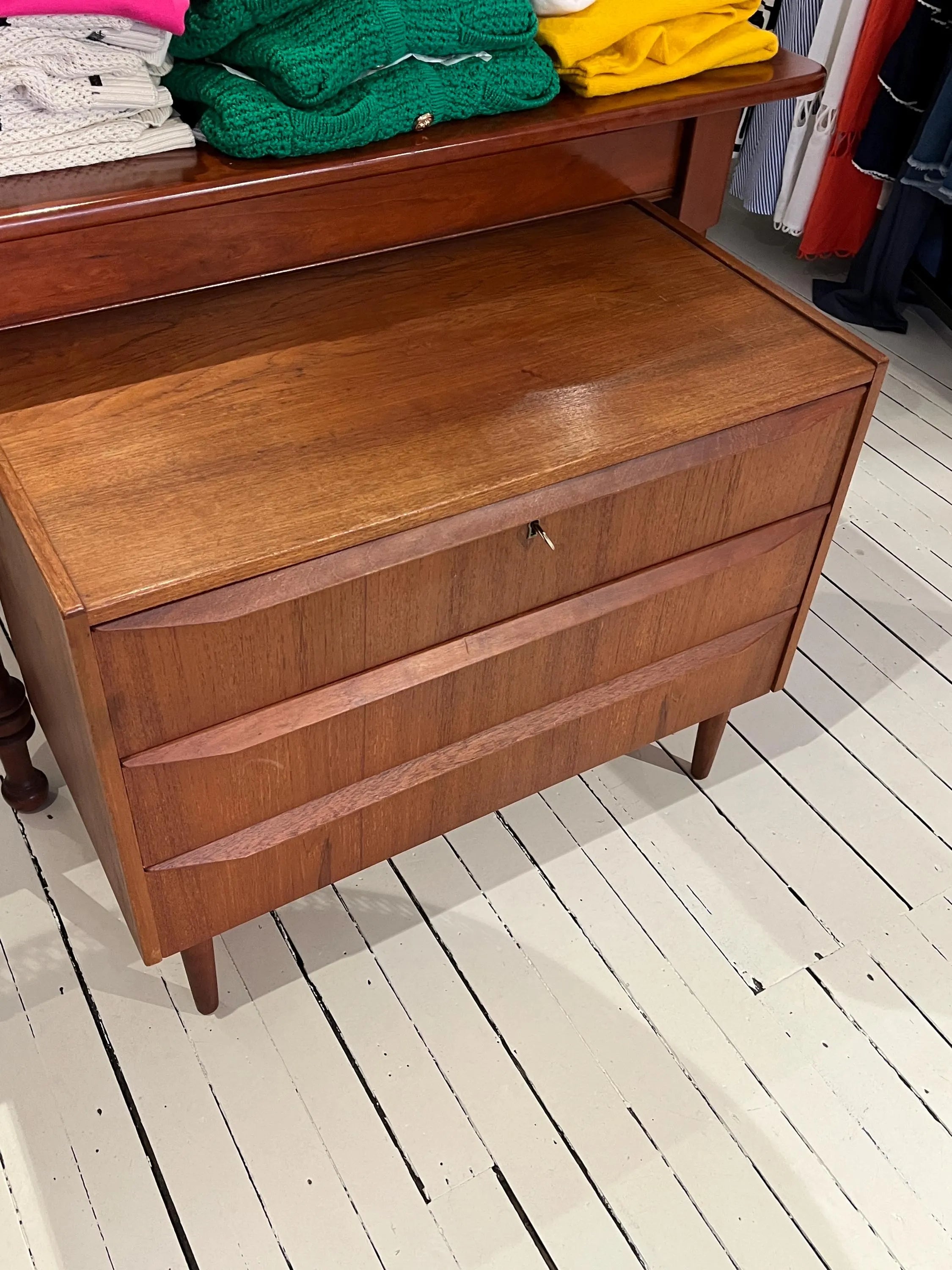 Mid Century Modern Teak Dresser: Danish 3-Drawer Low Chest with Key