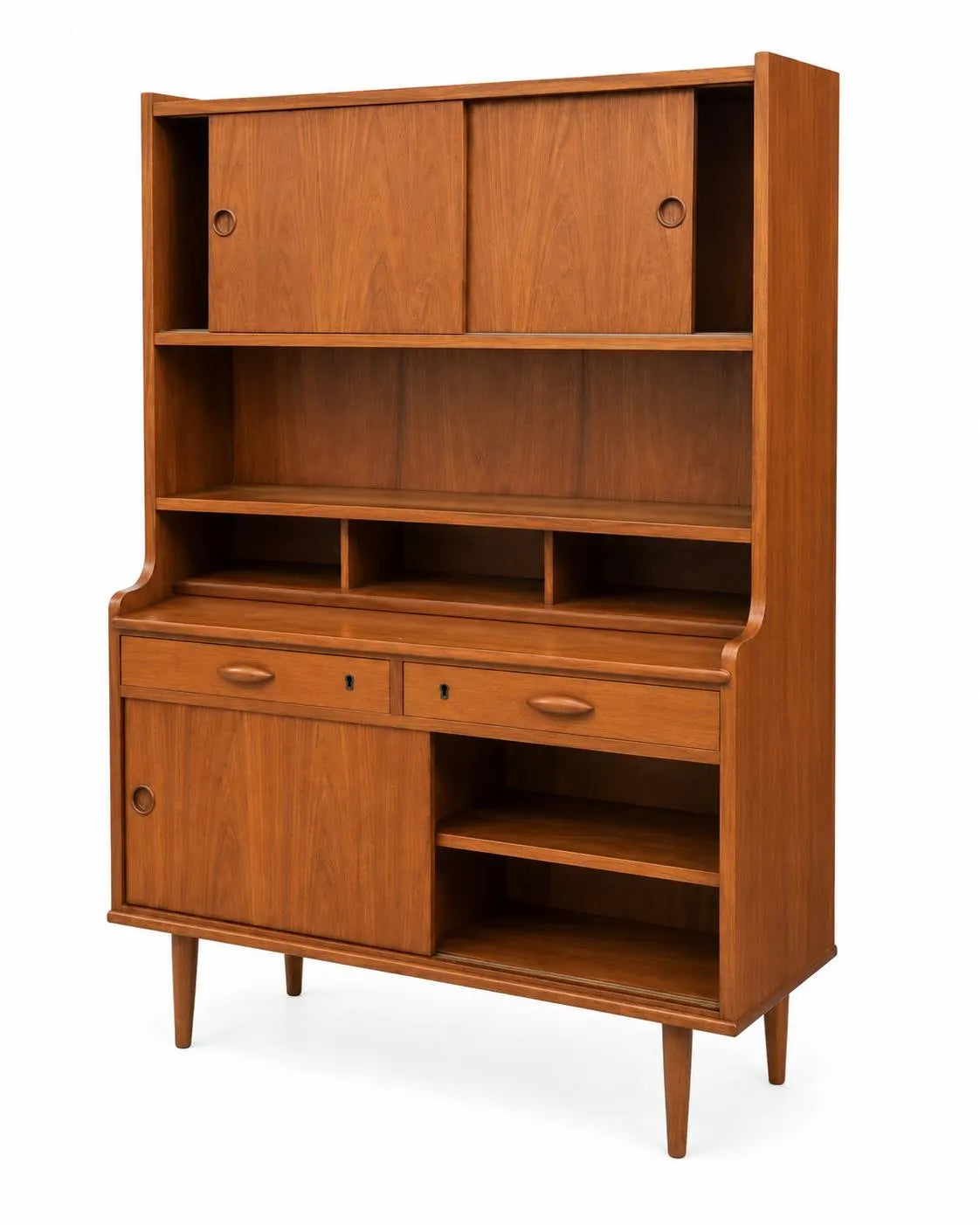 Vintage Mid-Century Modern Teak Wall Unit Hutch with Sliding Doors, Drawers & Open Display Shelving